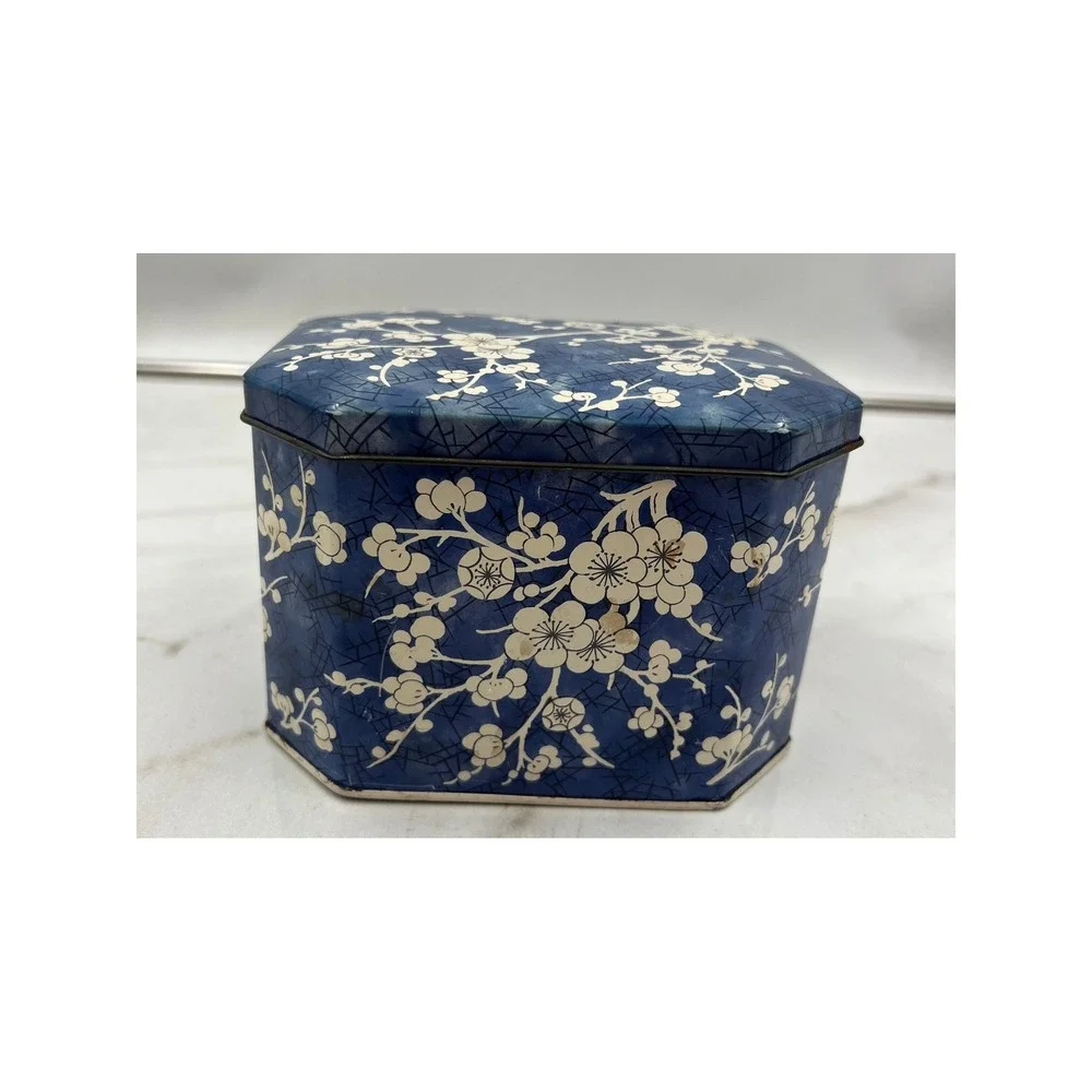 Vintage Daher Tin Container Blue Crackle White Floral Cherry Blossom England